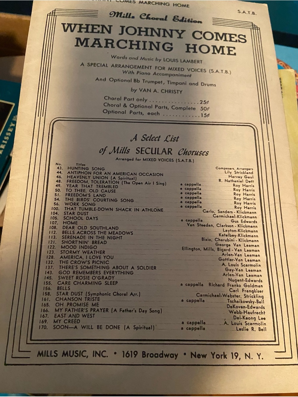 Vintage military patriotic Johnny Comes Marching Home Sheet Music book Mills
